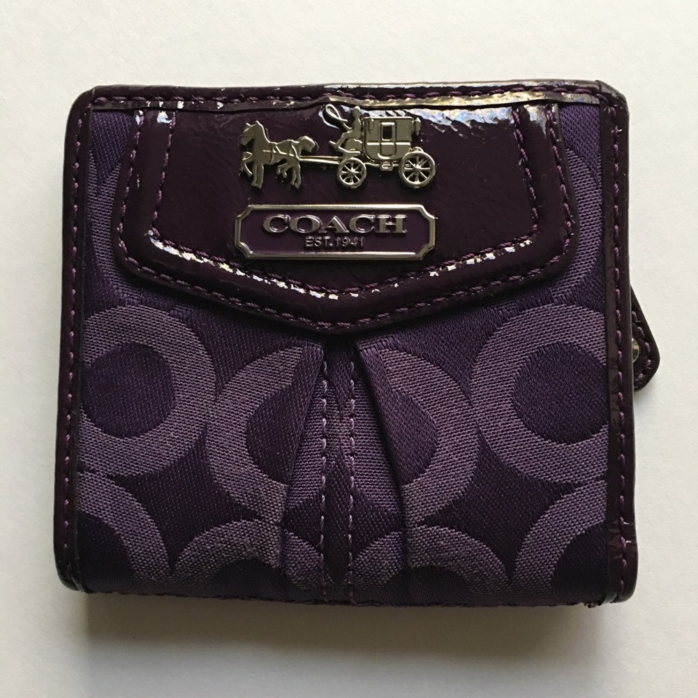 Coach Mini Wallet Monogram Purple Slvr Fabric Patent Leather Snap 3-Slot + More